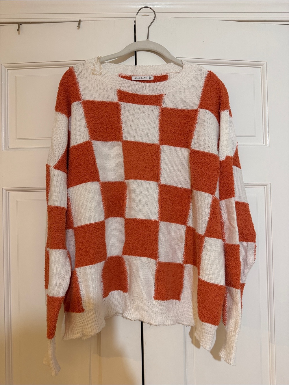 Staccato Orange and White Checker Knit Crewneck Sweater